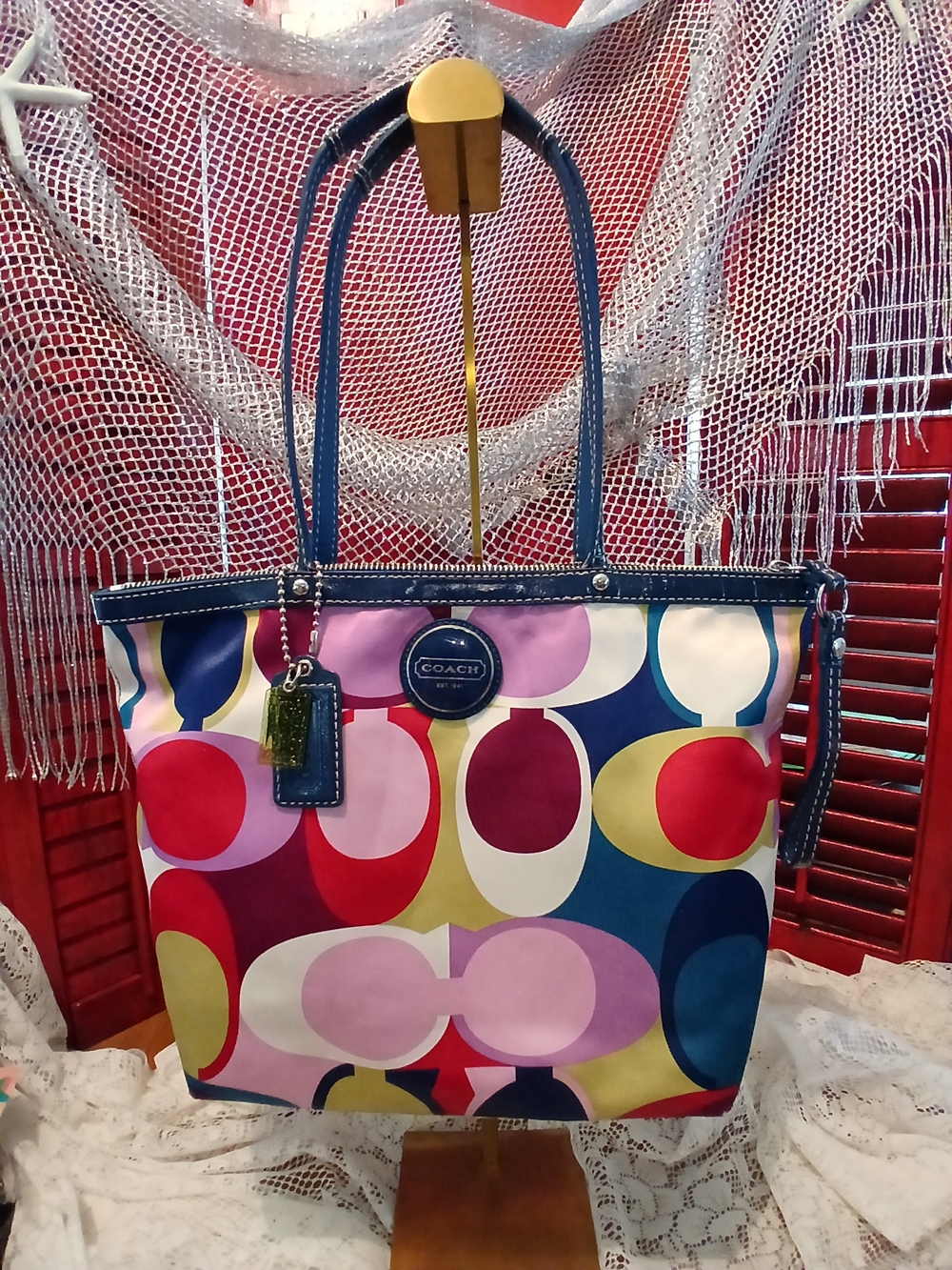 Coach Multicolor Signature Circle Print Tote with Navy Trim